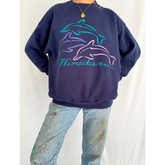 90s vintage blue dolphins florida USA souvenir graphic cozy pullover sweatshirt - Picture 3 of 9